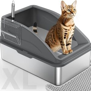 Stainless Steel Cat Litter Box, Extra Large Litter Boxes for Big Cats, Anti-Urine Leakage XL Litter Box with High Sides, Xlarge Metal Litte…