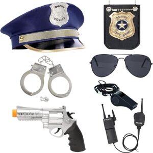 Police Officer Role Play Kit Handcuffs Sunglasses Police Costume Accessories for Cop Swat Halloween Party (7 PCS, Medium)
