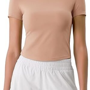 ODODOS Cloud Feeling Short Sleeve Tee for Women Curved Hem Crew Neck Crop Tops Summer Yoga T-Shirts