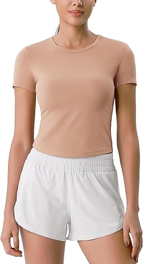 ODODOS Cloud Feeling Short Sleeve Tee for Women Curved Hem Crew Neck Crop Tops Summer Yoga T-Shirts