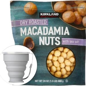 Kirkland Signature Dry Roasted Macadamia Nuts, 1.5 lbs. Item 1195303. Bundle with MORALZA Silicone Collapsible Cup 200ml – 2 Items