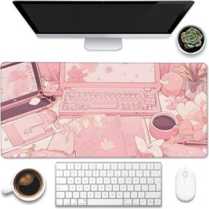 Large Gaming Mouse Pad for Desk,Pink Kawaii Anime Girl Desk Desk Mat,Kawaii Anime Desktop Desk Pad,Extended Big Computer Keyboard Mouse Pad with Non-Slip Base and Stitched Edge,35.4″x15.7″