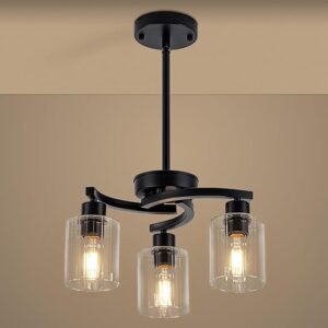 SHIGUANG Black Chandelier, 3 Light Chandeliers for Dining Room Light Fixtures Over Table, Industrial Hanging Pendant Lighting with Glass Sh…