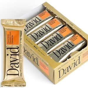 David, Protein Bar, Peanut Butter Chocolate Chunk, Pack of 12 Protein Bars | 28g of Protein | 150 Calories | 0g of Sugar – High Protein, Low…