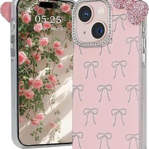 Compatible with iPhone 14 Cute Case,Cute Kawaii Cartoon 3D Glitter Rhinestone Bow with Bling Sparkle Pink Bowknot Pattern for Women Girls Si…