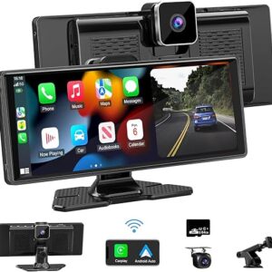 Carplay Screen for Car,10.26″ HD IPS Wireless Portable Car Stereo for Apple Carplay&Android Auto,Car Audio Receivers with 4K Dash Cam/1080P…