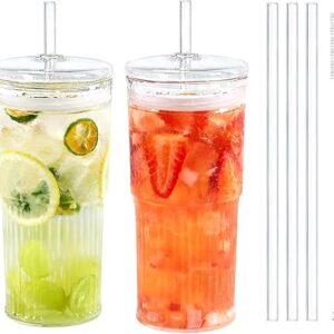 Puraville 2 Pack 20oz Glass Cups with Lids and Straws, Mason Jar High Borosilicate Drinking Glasses Iced Coffee Tumbler Smoothie Cup for Lon…