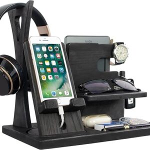 Handmade Desk Organizer with Headphone Stand, Rotating Phone Stand, Accessories Organizer – Gift Ideas for Men, Women on Birthday, Anniversa…