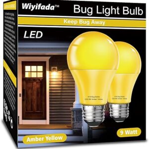 LED Bug Light Bulbs Outdoor 2 Pack, 9W Amber Light Bulbs, 100W Equivalent, A19 Amber Bug Lights for Outside, Bedroom, Hallway Porch Light,Wa…