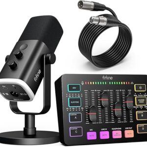 FIFINE Gaming Equipment Bundle, Dynamic XLR/USB Gaming Microphone Set with Streaming Audio Mixer for Podcast Recording Video Vocal, RGB Gam…