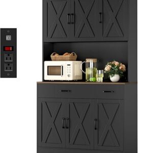 HOSTACK 71″ Pantry Cabinet with Charging Station, Tall Kitchen Pantry Storage Cabinet with Microwave Stand, Farmhouse Kitchen Hutch with Storage Drawers for Living Room, Dining Room, Black