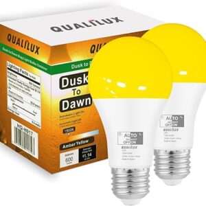 Dusk to Dawn Bug Light Bulbs Outdoor, 1900K Amber Yellow, 600 Lumen, LED 9.5W, A19 E26, 2-Pack, HQ-H017