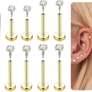 14K Gold Plated Flat Back Stud Earrings – 316L Surgical Steel Internal Thread CZ Stud Piercing Jewelry for Tragus Helix Cartilage Conch Nos…
