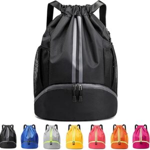 Drawstring Backpack Sports Gym Sackpack with Side Mesh Pockets Shoe Compartment Water Resistant String Bag for Women Men (Black)