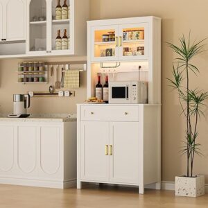 72″ Pantry Cabinet for Kitchen With LED Light & Power Outlets, Microwave Stand With Storage, Kitchen Pantry With Microwave Shelf