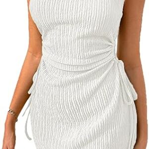 Acelitt Womens Summer Sleeveless Side Cut Out Drawstring Ruched Mini Wedding Guest Dress(Too Large, Please Size Down)