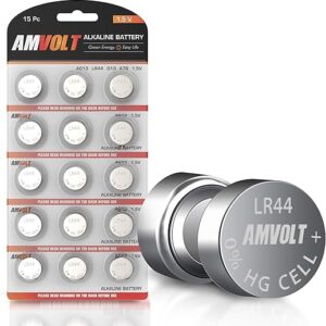 AmVolt- Pack of 15 LR44 Batteries AG13 SR44 357 303 Premium Alkaline Non Rechargeable Button Battery, 1.5 Volt Small Batteries for Watches …