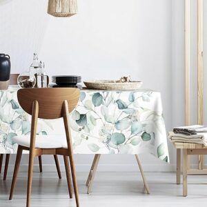 Sage Green Eucalyptus Tablecloth Waterproof Fabric,Rectangle Watercolor Oil-Proof Wrinkle Resistant Table Cover for Dining Table, Buffet Parties and Camping,Mint Color(52″ x 70″ inch)