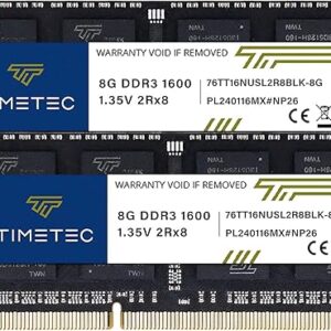 Timetec 16GB KIT(2x8GB) DDR3L / DDR3 1600MHz (DDR3L-1600) PC3L-12800 / PC3-12800 Non-ECC Unbuffered 1.35V/1.5V CL11 2Rx8 204 Pin SODIMM Lap…