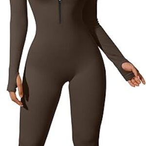 OQQ Women Yoga Jumpsuits Workout Ribbed Long Sleeve Zip Front Sport Jumpsuits