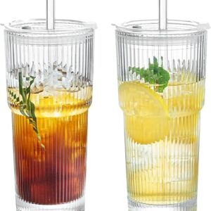 Puraville 2 Pack 20oz Glass Cups with Lids and Straws, Vintage Ribbed Glassware for Whiskey Cocktail Beer, Mason Jar Drinking Glasses Tumble…