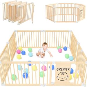 Wooden Baby Playpen, Foldable Large Fence and Play Yard for Toddlers, Adjustable Shape & Size, Safety Gate With Locking Door, Kids Activity…