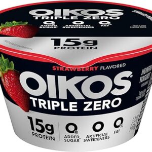 Oikos Triple Zero Strawberry Nonfat Greek Yogurt, 0% Fat, 0g Added Sugar and 0 Artificial Sweeteners, Just Delicious High Protein Yogurt, 5.3 OZ Cup
