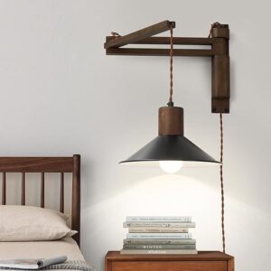 Wood Plug in Wall Sconces, Swing Arm Wall Lamp with Dimmable On Off Switch, Vintage Wall Mounted Light Fixture with Cord for Bedroom Nightst…