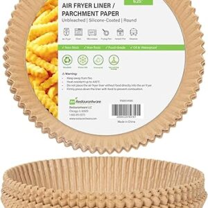 Restaurantware-Pastry Tek 6.3 x 6.3 x 1.8 Inch Air Fryer Liners, 100 Round Air Fryer Baskets – No-Stick Silicone Coating, Unbleached, Food-…
