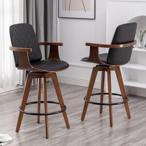 Bar Stools Set of 2, Upholstered Faux Leather Counter Height Bar Stools, Swivel Barstools with Wooden Arms and Legs (Black, 26″ Seat Height)