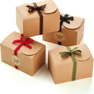 Brown Kraft Cookie Boxes with Ribbons & Stickers (20 Pack) 6.5” x 4” Small Cardboard Gift Boxes for Gift Giving, Baked Goods, Candy, Christ…