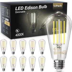 TJOY 10 Pack E26 Base Vintage LED Edison Light Bulbs, 60W Equivalent Dimmable, 4000K Natural White, 8W ST58 LED Filament Bulbs, 800Lumens, CRI80+, Antique Glass Style for Home, Bedroom, Farmhouse