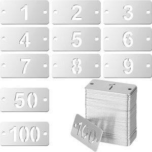 Hicarer Metal Numbered Tags Stainless Steel Number ID Key Tags with Holes Numbered Key Rings Chain (100 Pcs,1-100, Rectangle)