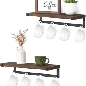 Dahey Mug Holder Wall Mounted Mug Rack with Hooks, Set of 2, Storage Rustic Floating Shelf Coffee Bar Accessories Wood Coffee Cup Hanger fo…