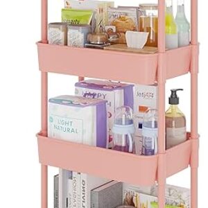 Calmootey 4-Tier Rolling Utility Cart with Drawer,Multifunctional Storage Organizer with Plastic Shelf & Metal Wheel,Storage Cart for Kitchen,Bathroom,Living Room,Office,Pink