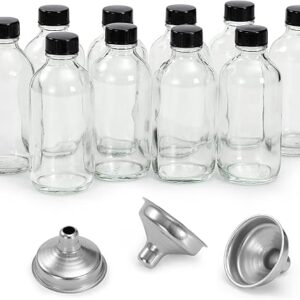 10 Pack, 4 oz Small Clear Glass Bottles w/ Lids & 3 Stainless Steel Funnel – 120ml Boston Round Sample Bottle for Potion, Juice, Ginger Sho…