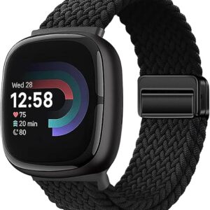 Braided Bands Compatible with Fitbit Versa 4/Fitbit Versa 3/Sense 2/Sense 1,Soft Stretchy Elastic Nylon Wristband Sport Loop Strap for Wome…