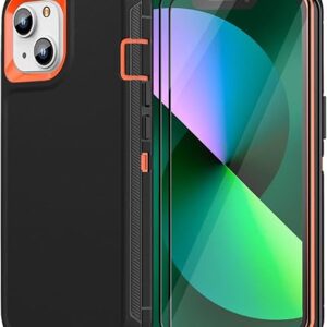 FEIYAR HOME iPhone 13& iPhone 14 Heavy-Duty Case, Military-Grade Shockproof Protection, Includes 2 Tempered Glass Screen Protectors – Black Orange