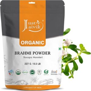 Just Jaivik 100% Organic Brahmi Powder Bacopa Monnieri- USDA Certified Organic, 227 GMS / 1/2 LB Pound / 08 Oz