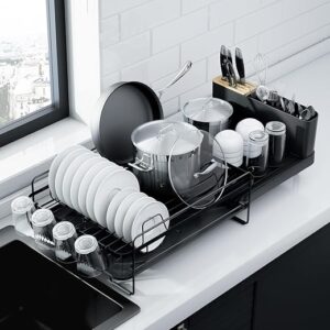 Kitsure Large Dish Drying Rack – Extendable Dish Rack, Multifunctional Dish Rack for Kitchen Counter, Anti-Rust Dish Drainers with Cutlery & Cup Holders 19.2″-26.7″ L x 12.9″ W, Black