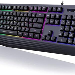 Gaming Keyboard, 7-Color Rainbow LED Backlit, 104 Keys Quiet Light Up Keyboard, Wrist Rest, Whisper Silent, Anti-ghosting Multimedia Keys, …