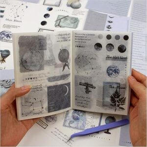 40 Sheets Vintage Washi Stickers Book for Adults, Scrapbook Ephemera with 180pcs Moon Stickers and 20 Adhesive Scrapbooking Papers, Bullet …