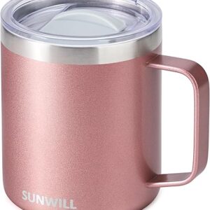 SUNWILL Travel Coffee Mug with Lid, Insulated Tumbler with Handle, 14 oz Stainless Steel Cup for Ice, Water, Tea, Rose Gold
