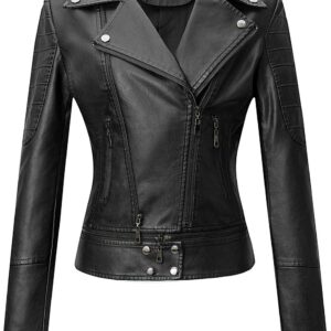 Tanming Women’s Faux Leather Moto Biker Short Coat Jacket