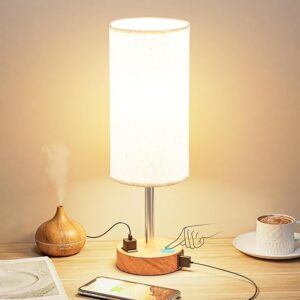 Bedside Table Lamp for Bedroom – 3 Way Dimmable Touch Lamp USB C Charging Ports and AC Outlet, Small Lamp Wood Base Round Flaxen Fabric Sha…