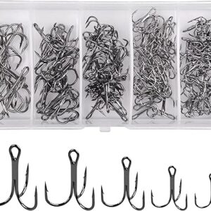 Black Treble Hooks Kit, 150pcs Sharp Treble Fishing Hooks Set High Carbon Steel Classic Round Bend Triple Fish Hooks Set for Catfish Saltwa…