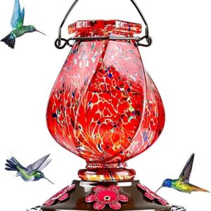 BOLITE Hummingbird Feeder, Hand Blown Glass Hummingbird Feeders for Outdoors Hanging, 22 Ounce, Five Feeding Ports with Perch, Red