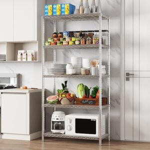 Chrome 5-Shelf Shelving Unit with Shelf Liners Set of 5, Adjustable, Steel Wire Shelves, 150lbs Loading Capacity Per Shelf, Shelving Units a…