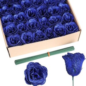 Glitter Roses,30PCS Royal Blue Flowers Artificial Roses with Stems for Wedding Bouquet Party Christmas Home Decor(Royal Blue)