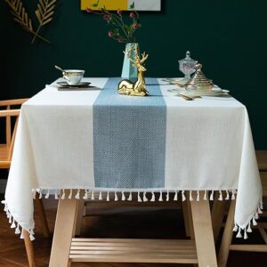 Oubonun Cotton Linen Rectangular Tablecloth – Wrinkle Resistant & Waterproof – Machine Washable Table Cloth with Tassels for Kitchen & Dining, 55”x120”, 10-12 Seats